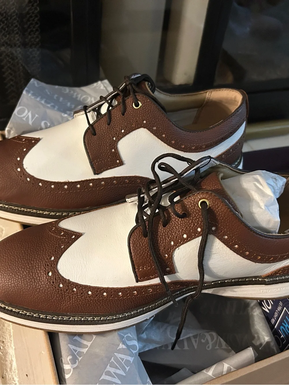Men's Brown & White Leather golf shoes . NWT